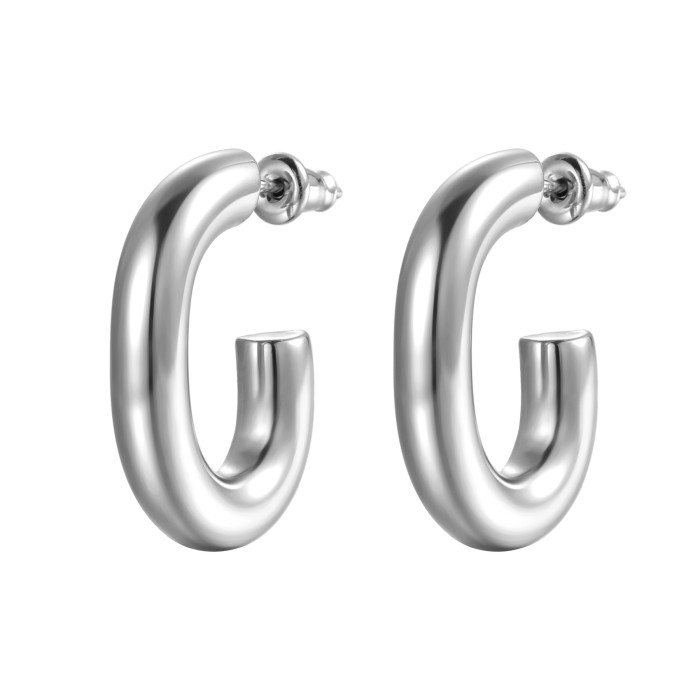 18K Gold Plated Stainless Steel Earrings Heavy Metal C Shape Oval Women's Ear Clip Hoop Earring for Women