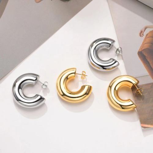 Stylish Round Bold Titanium Steel Hollow Earrings Trendy Fashion 18K Gold Women's C Shaped Stainless Steel Ear Clip Hoop Earring