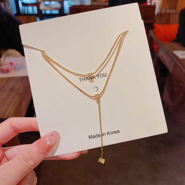 2022 Luxury Gold Color Copper Square Long Tassel Double Layers Pendant Necklace Fashion Women Casual Choker Jewelry