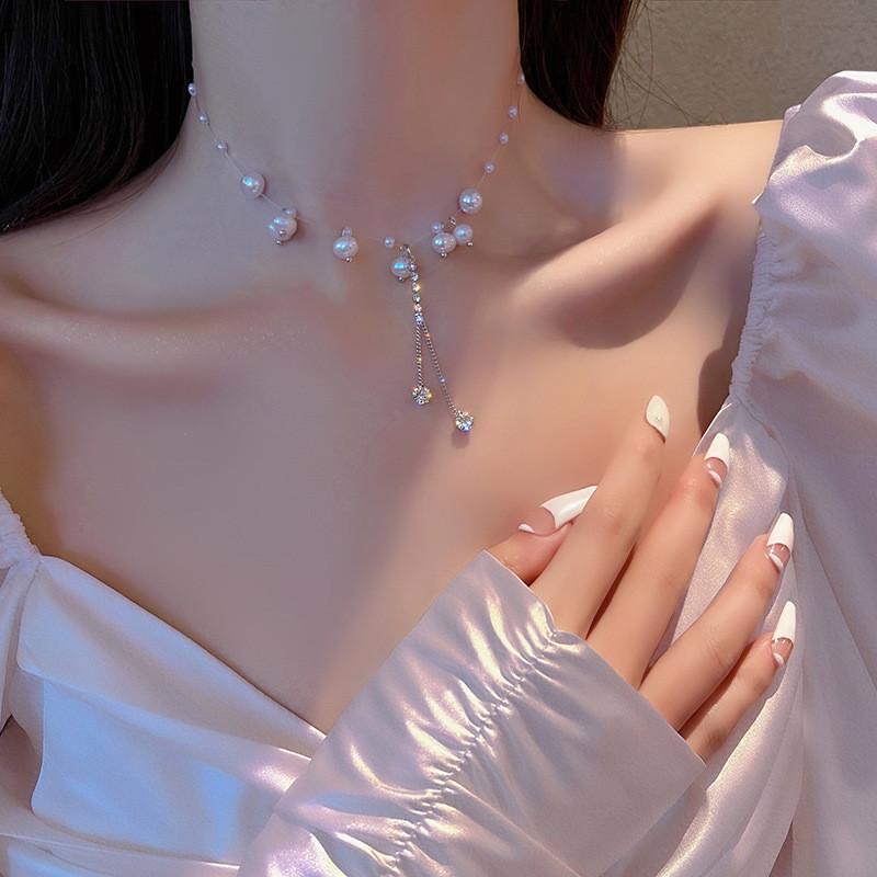 Korean New Light Luxury Minority Pearl Necklace Female Ins Style Net Red Same Style All-Matching Elegant Zircon Clavicle Chain