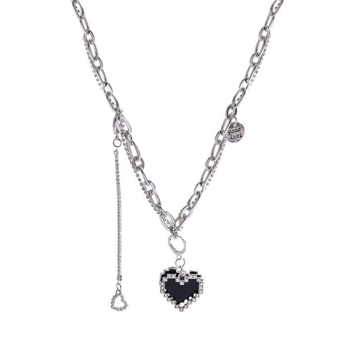 New Korean Black Pixel Heart Pendant Necklace for Women Double Layer Chain Hollow Heart Tassel Party Jewelry