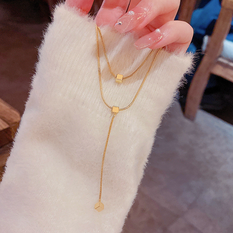 2022 Luxury Gold Color Copper Square Long Tassel Double Layers Pendant Necklace Fashion Women Casual Choker Jewelry