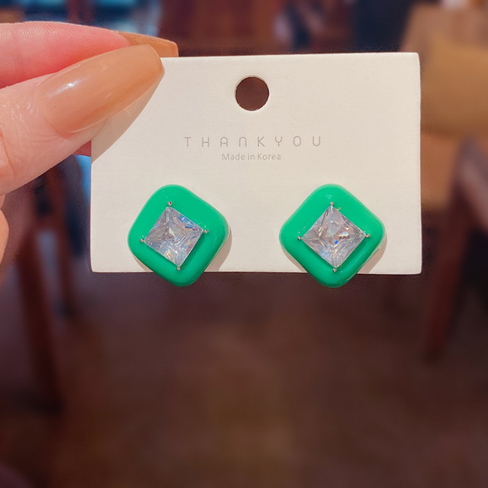 New Retro Geometric Square Green Color Drip Oil Enamel Shiny Zircon Stud Earrings Fashion Jewelry for Women Girls