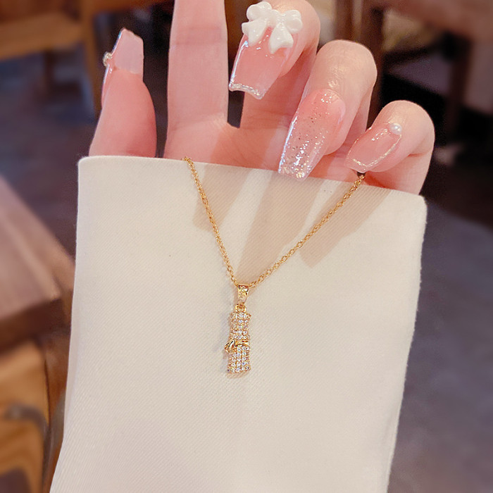 Silver Color Full Zircon Bamboo Necklaces for Women Geometric Pendant Collarbone Chain Necklace Fashion Jewelry