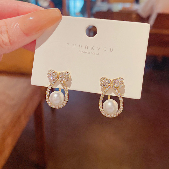 2022 New Crystal Zircon Love Heart Earrings For Women Elegant Imitation Pearl Bow Dangle Bridal Wedding Luxury Jewelry