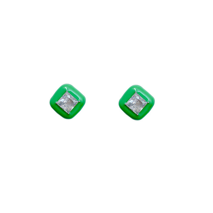 New Retro Geometric Square Green Color Drip Oil Enamel Shiny Zircon Stud Earrings Fashion Jewelry for Women Girls