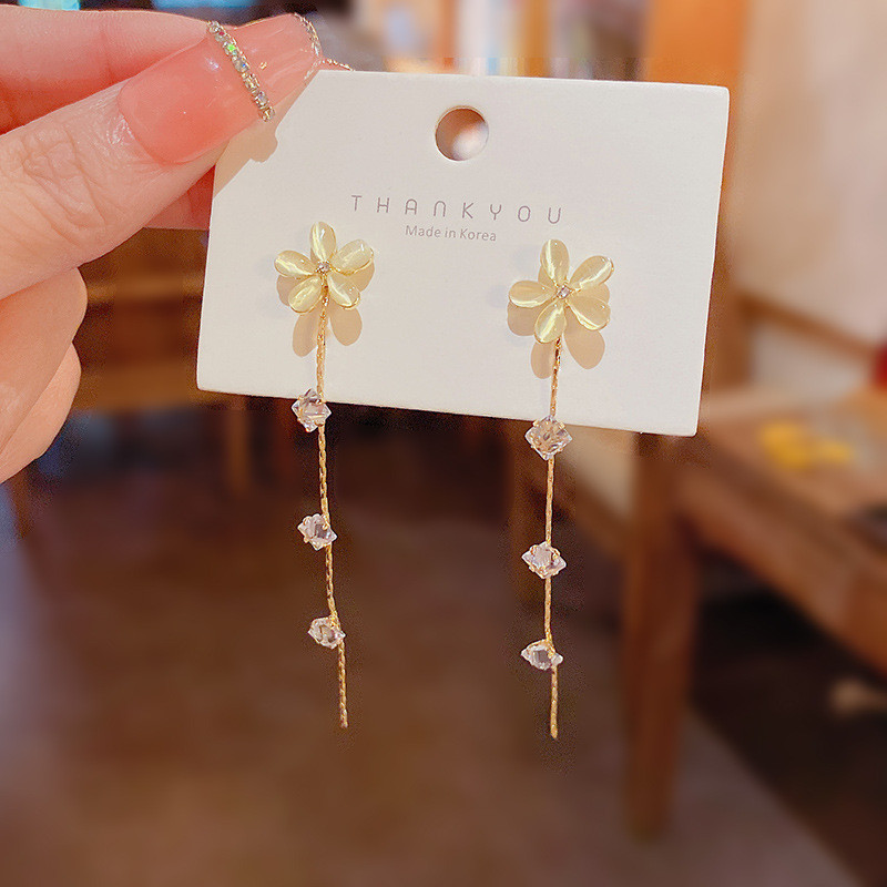 Exquisite Opal Flower Earrings For Women Rhinestone Long Tassel Zircon Girls Wedding Party Temperament Jewelry 2022