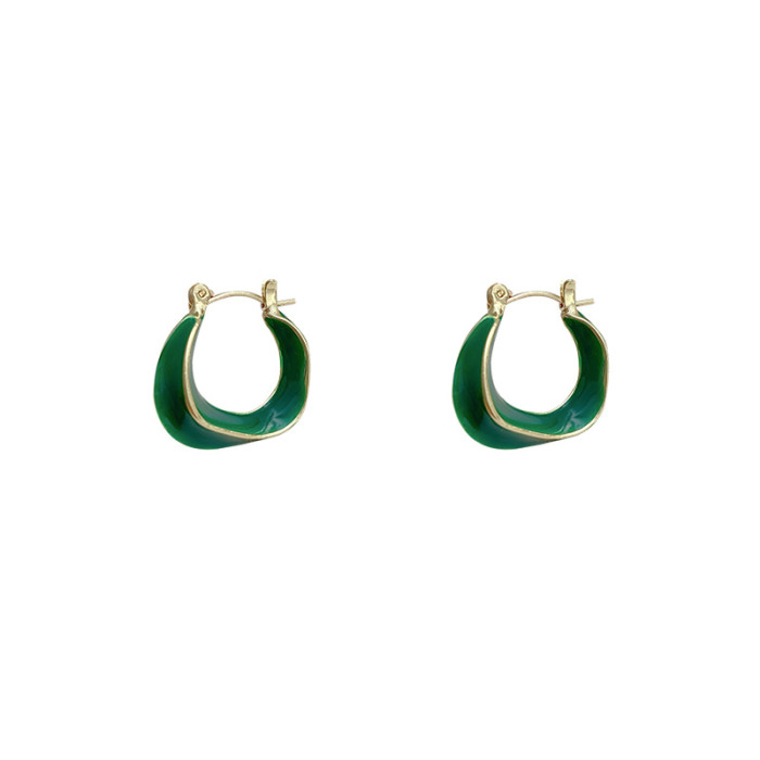 Vintage Irregular C Shape Circle Dripping Oil Metal Geometric Hoop Earrings White Green Color Enamel for Women