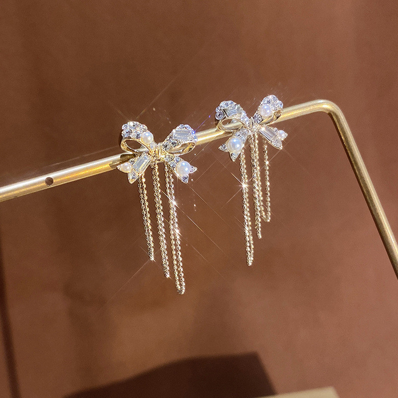 Fashion Korea Bow Tassel Earrings for Women Girls 2022 Trendy Design Exquisite Zircon Pearl Stud Earrings Jewelry