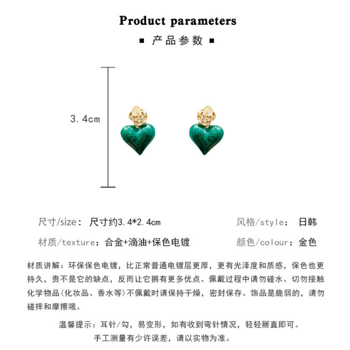 Green Color Big Heart Stud Earrings for Women Girl Korean Love Drop Glaze Aesthetic Daily Life Minimalist Jewelry Piercing Ear