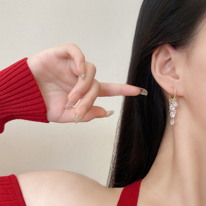 New Korean Crystal Pendant Tassel Round Ear Clasp Zircon Geometric Boutique Earrings Temperament Female Fashion Earrings