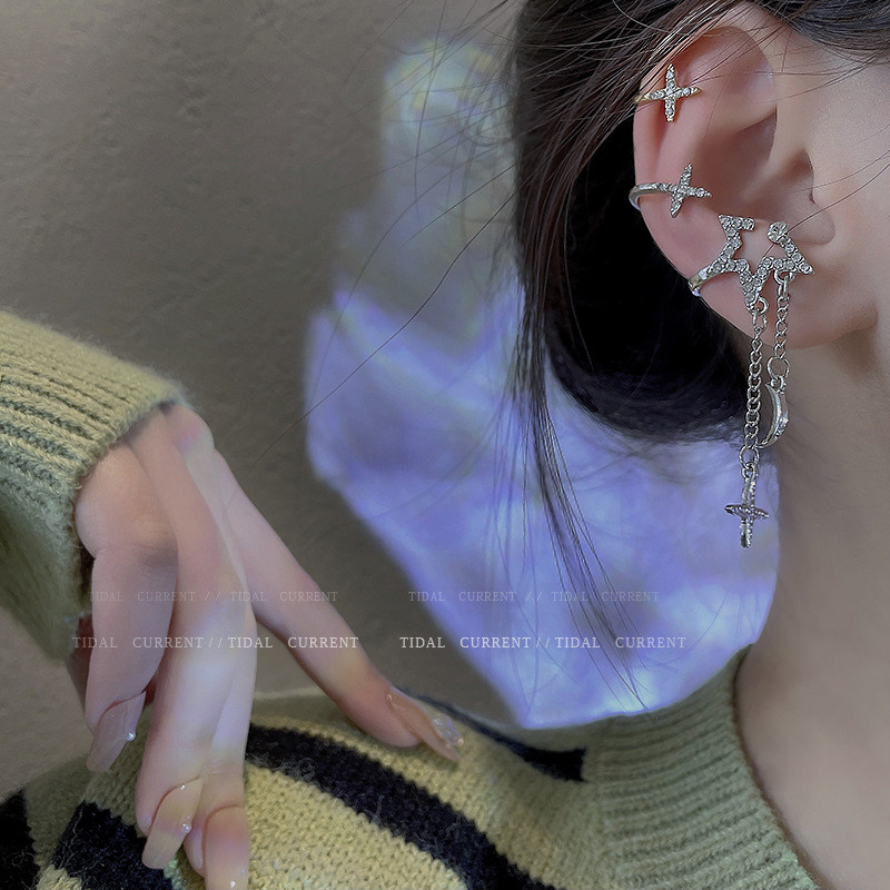 Shiny Silver Color Crystal Tassel Non Piercing Cuff Ear Clip Earring for Women Rhinestone Star Fake Cartilage Piercing Jewelry