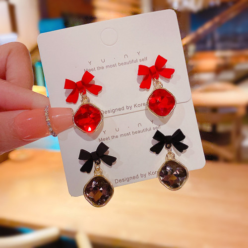 Trendy Crystal Zircon Bowknot Pendant Earrings for Women Girls Red Black Bow Square Crystal Dangle Party Jewelry Gifts