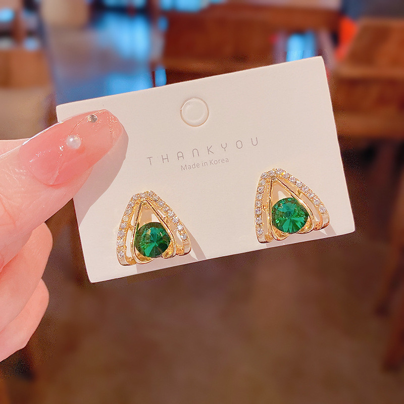 Simple Triangle Ear Studs for Women Luxury Green Zircon Stud Earrings Original All Match Jewelry Gift