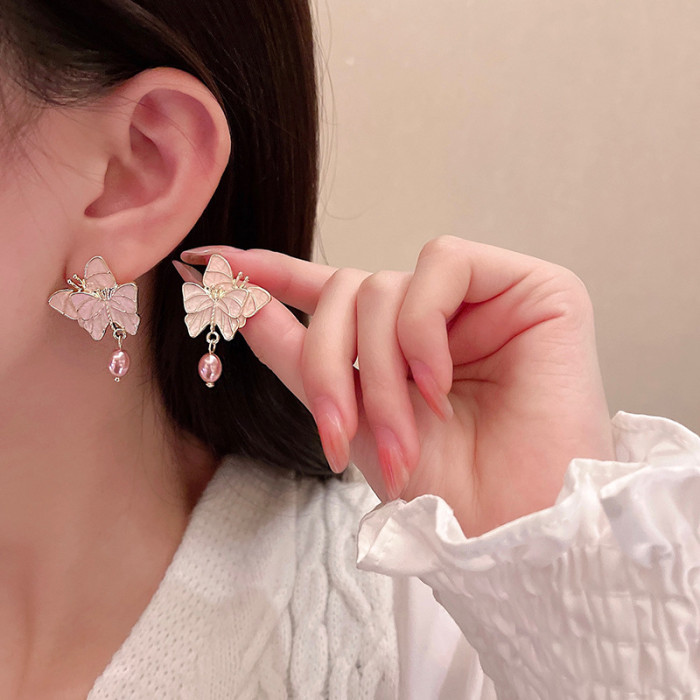 French Quality Pink Enamel Butterfly Earrings Gentle Pearl Double Butterfly Women Gifts