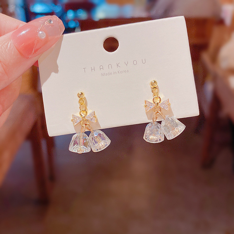 South Korean Crystal Bell Flower Ear Clips Earrings Fashion Cute Small Zircon Bow Clip Earrings No Piercing for Women