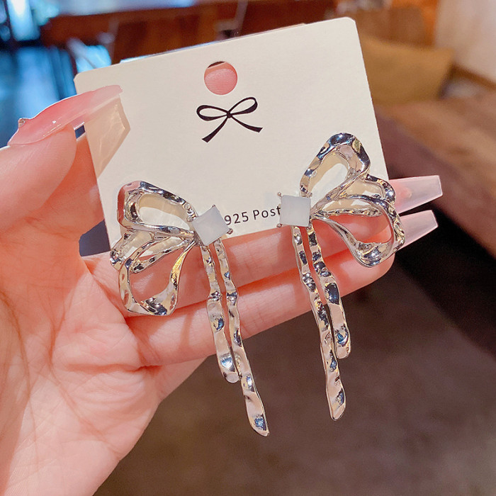 Fashion Silver Color Ribbon Bow Drop Earrings for Women Girls Korean Style Rhinestone Bow Ear Studs Earrings Wedding Jewelry