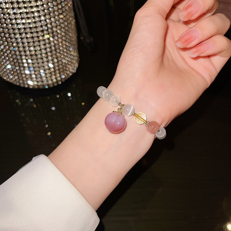 Pink Peach Agate Round Pearl Opal Bracelet Sweet Design Sense Of Elastic Bracelet Natural Style Hand Jewelry Woman