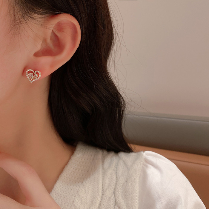 South Korea Small Fresh Sweet Cute Heart Crystal Stud Earrings Temperament Geometric Round Pearl Zircon Party