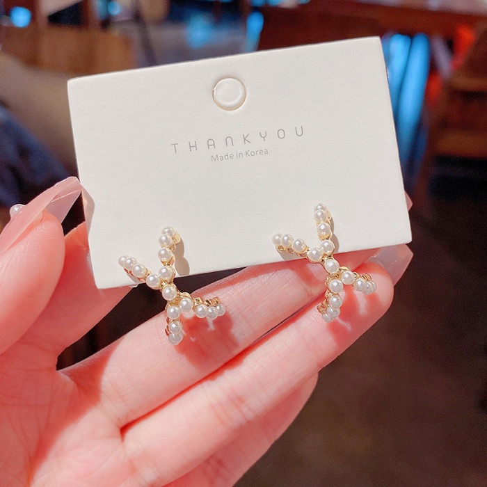 Korean Exquisite Pearl Small Cross Shaped Earrings for Women Cherry Butterfly Flower Luxury Zircon Stud Wedding Jewelry