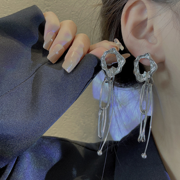 Korea New Metal Irregular Circle Long Tassel Earrings for Women Fashion Long