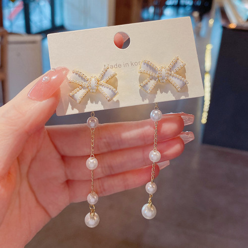 Bow Zircon Pearl Earrings For Women 2022 New Year Christmas Gift Long Tassel Drop Earring Fashion Jewelry