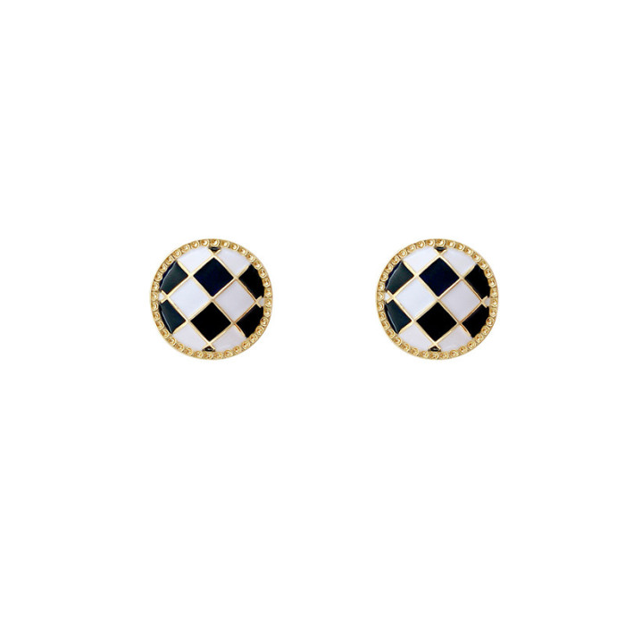 Vintage French Black White Checkerboard Circle Earring for Women Temperament Round Inlaid Pearl  Wedding Jewelry