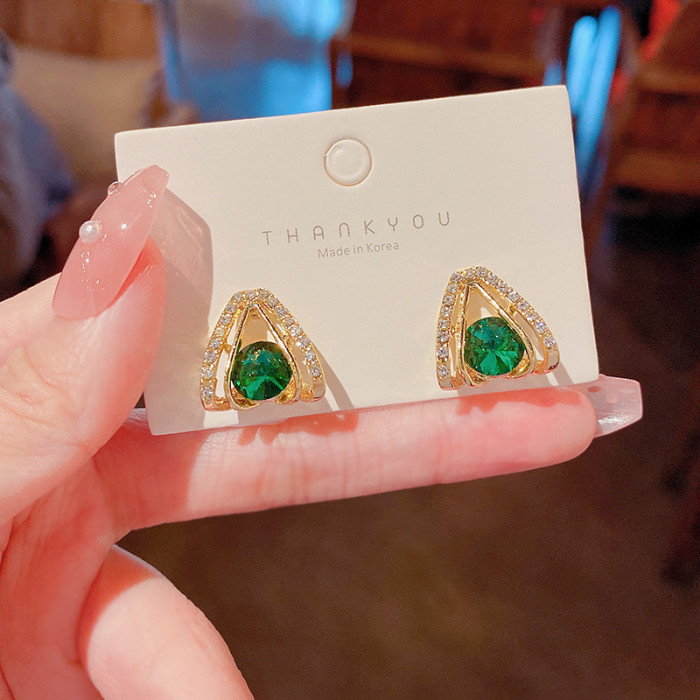 Simple Triangle Ear Studs for Women Luxury Green Zircon Stud Earrings Original All Match Jewelry Gift
