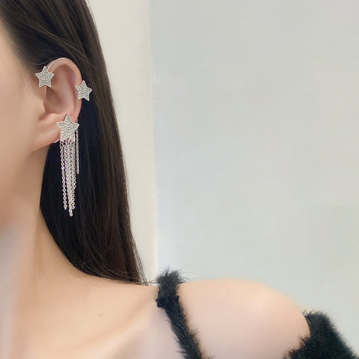 Shiny Zircon Star Ear Cuff Gold Color Tassel Clip on Earrings for Women Korea Style Copper Earring Without Piercing Jewelry