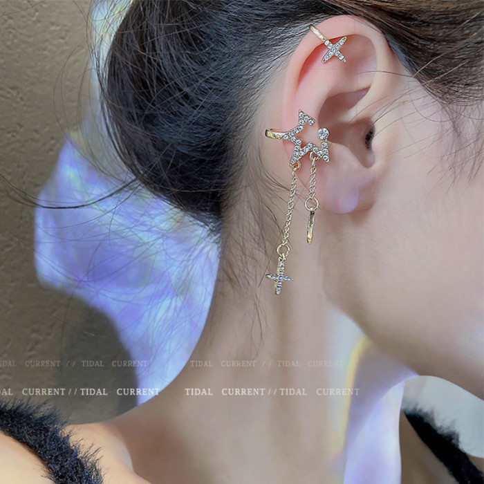 Shiny Silver Color Crystal Tassel Non Piercing Cuff Ear Clip Earring for Women Rhinestone Star Fake Cartilage Piercing Jewelry