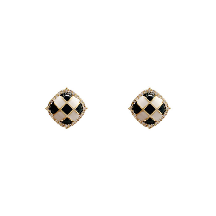 Geometric Round Square Stud Earrings for Women Black White Color Striped Vintage Checkeerboard Shpaed