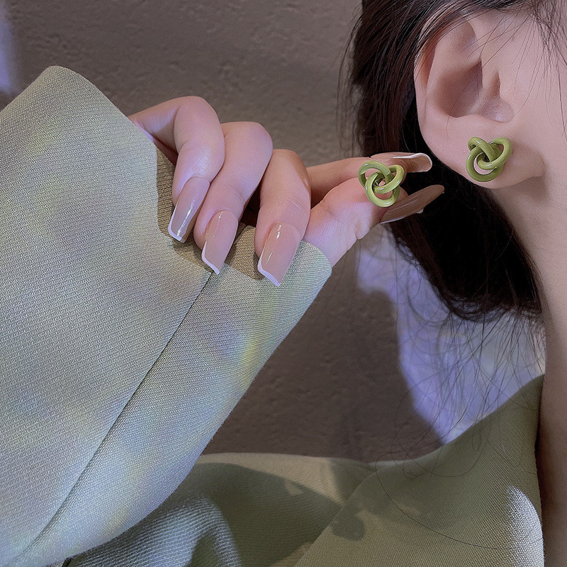 Knot Geometric Three Circle Gold Color Stud Women Minimalist Small Earrings