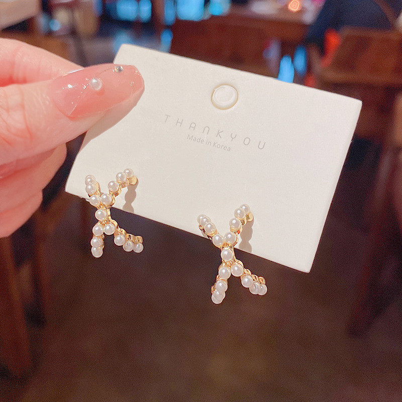 Korean Exquisite Pearl Small Cross Shaped Earrings for Women Cherry Butterfly Flower Luxury Zircon Stud Wedding Jewelry