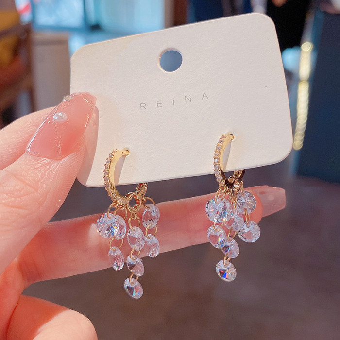 New Korean Crystal Pendant Tassel Round Ear Clasp Zircon Geometric Boutique Earrings Temperament Female Fashion Earrings
