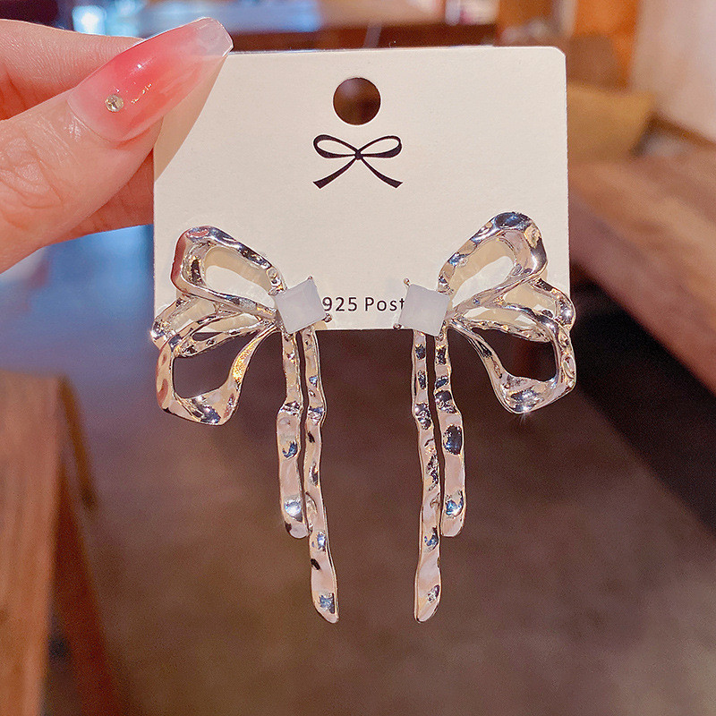 Fashion Silver Color Ribbon Bow Drop Earrings for Women Girls Korean Style Rhinestone Bow Ear Studs Earrings Wedding Jewelry