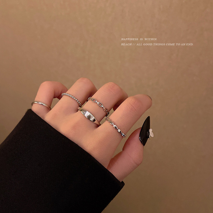 Punk Simple Silver Color Geometric Hollw Out Wide Ring Set Women's Vintage Joint Finger Rings Jewelry