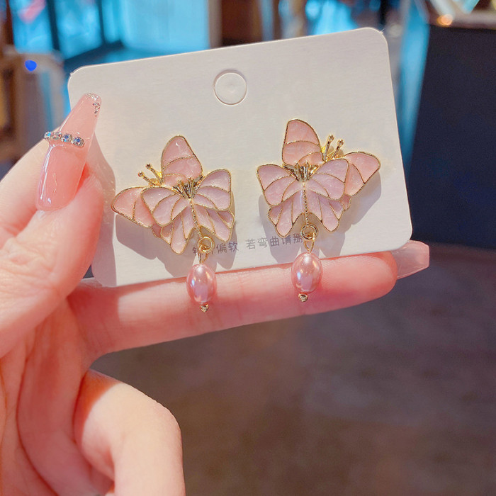 French Quality Pink Enamel Butterfly Earrings Gentle Pearl Double Butterfly Women Gifts