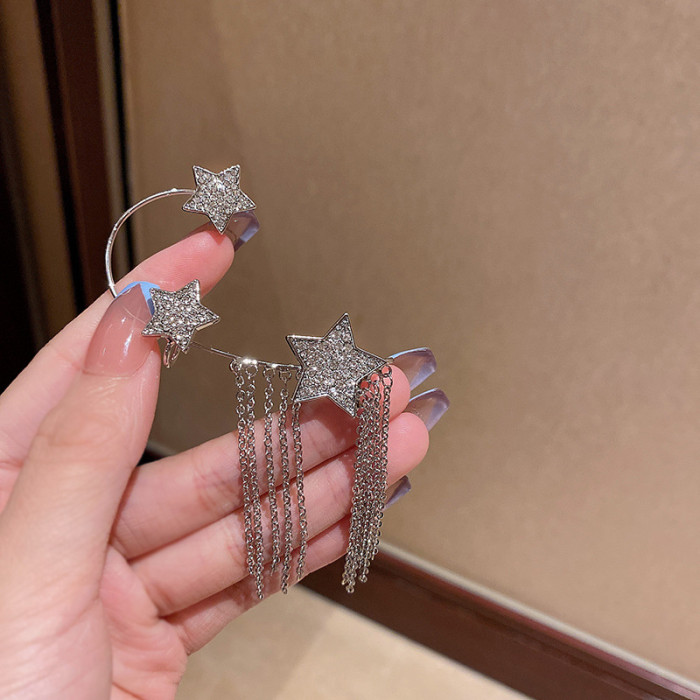 Shiny Zircon Star Ear Cuff Gold Color Tassel Clip on Earrings for Women Korea Style Copper Earring Without Piercing Jewelry