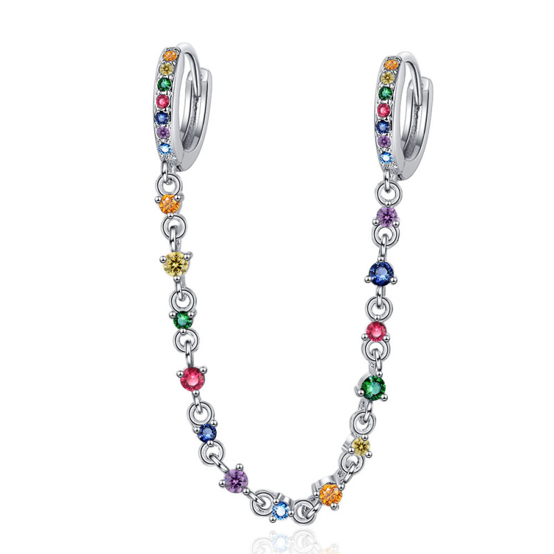Rainbow Zircon Long Tassel Hoop Earrings for Women Crystal Zircon Chain Gold Silver Ear Jewelry