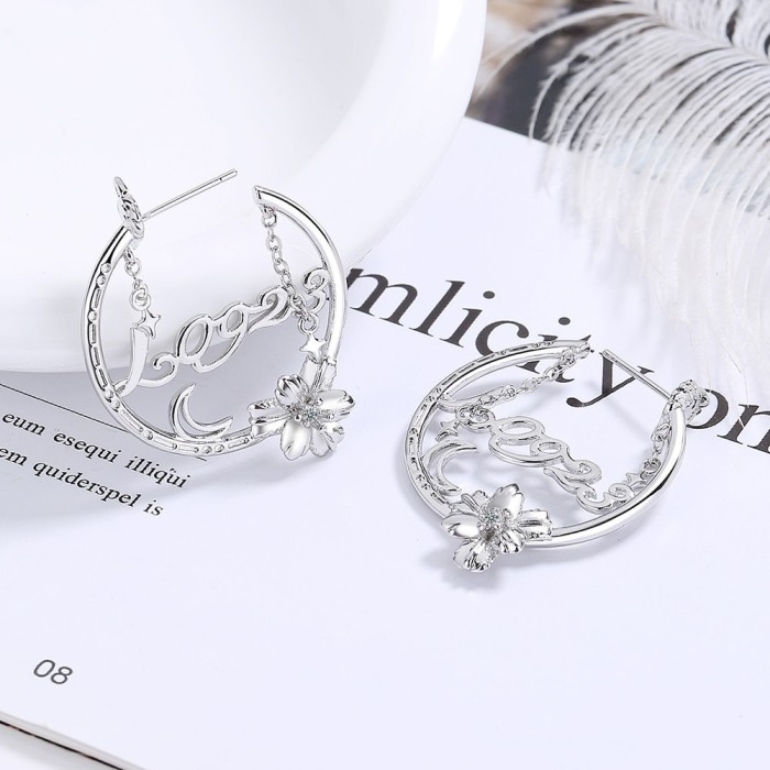 Fashion Round CZ Crystal Stud Earrings for Women Roman Numeral Flower Stainless Steel Ear Jewelry