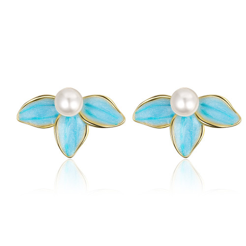 Blue Enamel Flower Pearl Stud Earrings For Women Fine Jewelry Minimalist Cute Plant