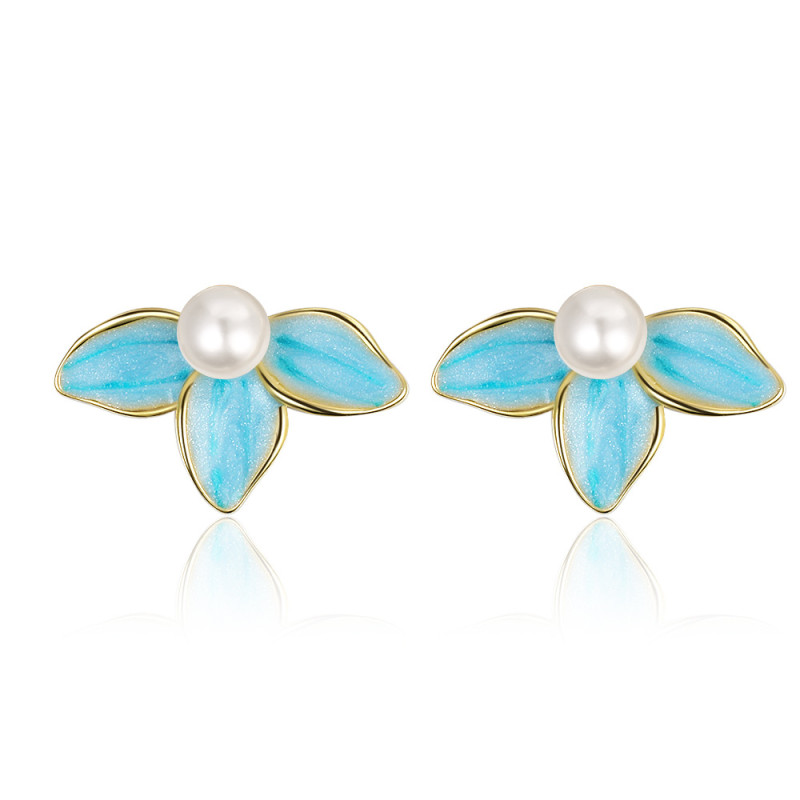 Blue Enamel Flower Pearl Stud Earrings For Women Fine Jewelry Minimalist Cute Plant