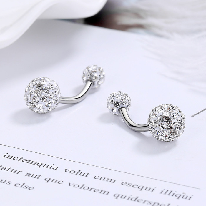 Real Pure Solid Stud Earrings for Women Jewelry Double Sided Crystal Ball Cubic Zircon Female Earrings Charm