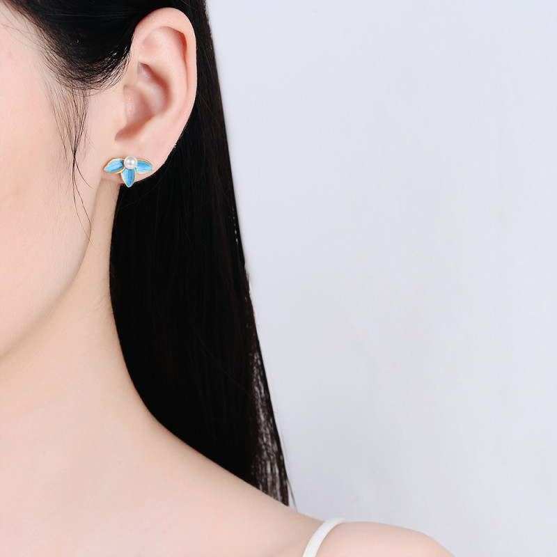 Blue Enamel Flower Pearl Stud Earrings For Women Fine Jewelry Minimalist Cute Plant