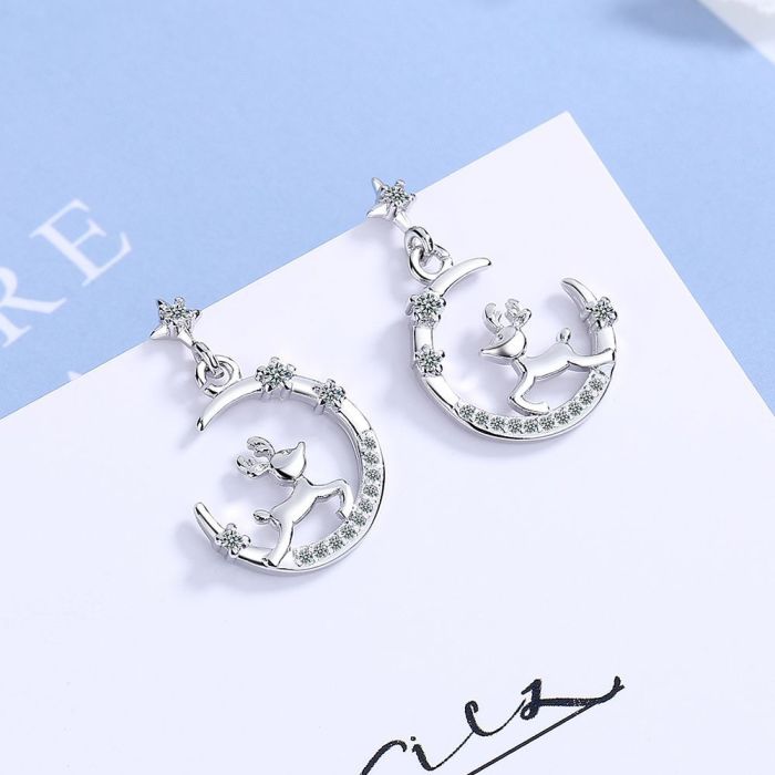 Big Crescent Moon Deer Dazzling CZ Crystal Stud Earring For Women Dangle Drop Earrings Wedding Fine Jewelry Christmas gifts