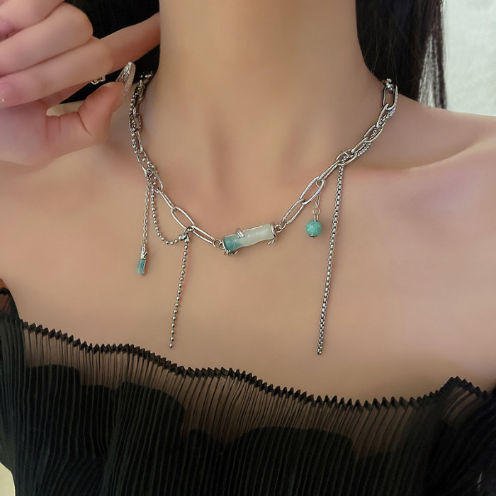 Bamboo Cross Tassel Necklace Female Light Luxury Retro Collarbone Chain Design Sense Advanced Neck Chain
