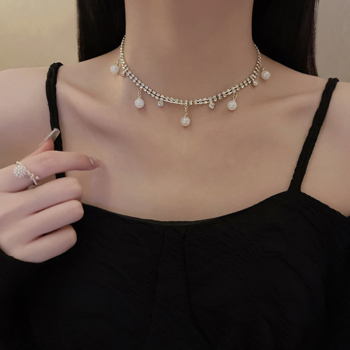 Korean Style Zircon Crystal Choker Necklaces for Women Geometric Pearl Chain Statement Jewelry