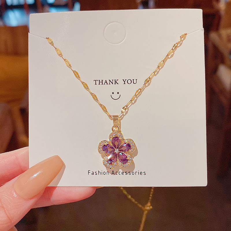 Stainless Steel Purple Zircon Flowers Pendant Necklace for Women New Luxury Girls Lucky Chain Birthday Jewelry Gifts