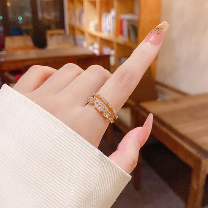 Silver Color Open Rings Double Layer Leaf Zircon Adjustable Finger Rings Korea Style Jewelry New Year Gift