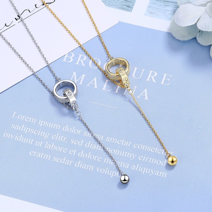 Mosaic CZ Crystal Double Circle Y Tassel Pendant Necklace Stainless Steel Wedding Jewelry for Women 579